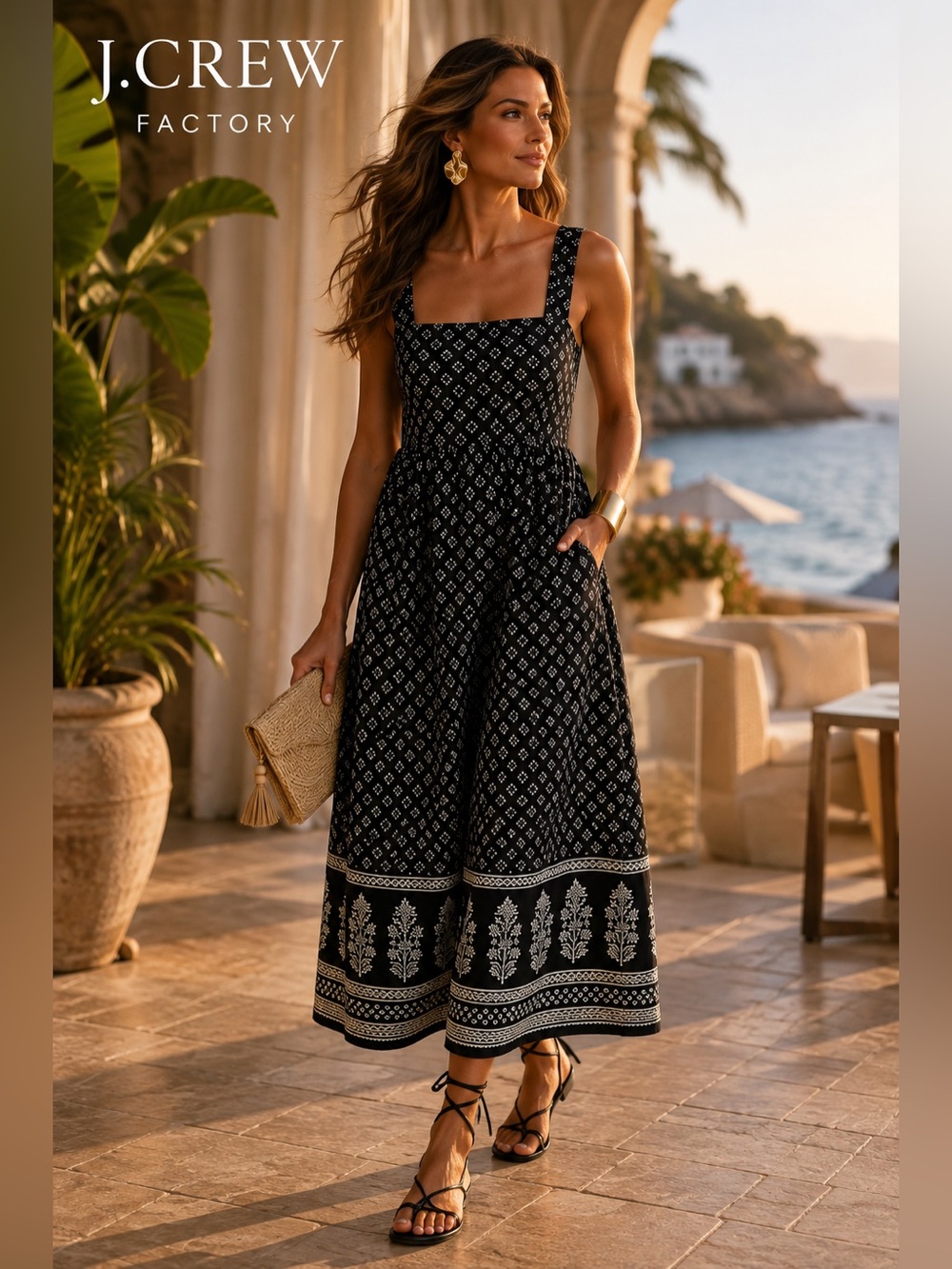 J. Crew Factory Black Printed Square-Neck Midi Dress 8 White Border Motif